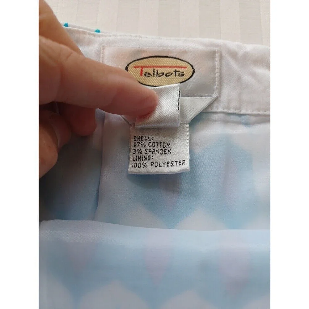 Talbots vintage blue white retro print pencil skirt 10 cotton stretch lined